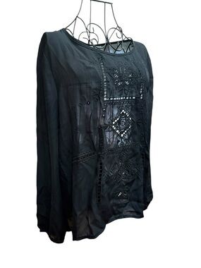 Luxe Apothetique Sheer Black Embroidered Long-Sleeve Boho Blouse Large